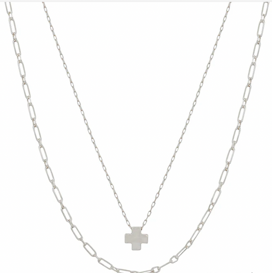 Water Resistant Layered Silver Cross Shape Charm and Chain 16"-18" Necklace