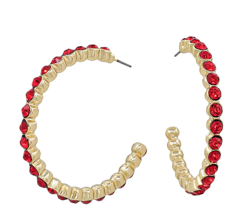 Red Crystal Stone on Gold 2" Hoop Earring