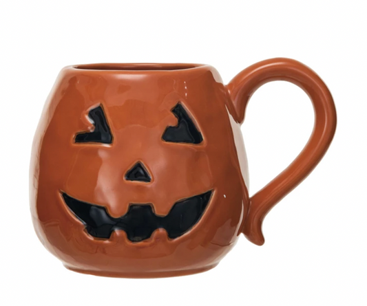 16 oz. Debossed Stoneware Jack-O-Lantern Shaped Mug, Orange Color & Black