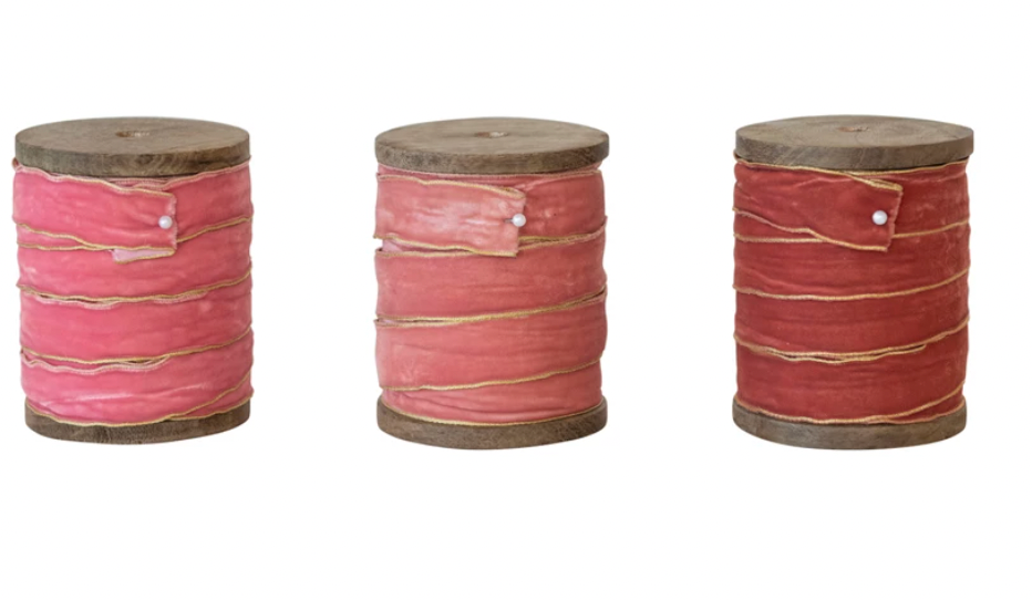 5 Yard Velvet Ribbon w/ Metallic Edges on Wood Spool, 3 Colors