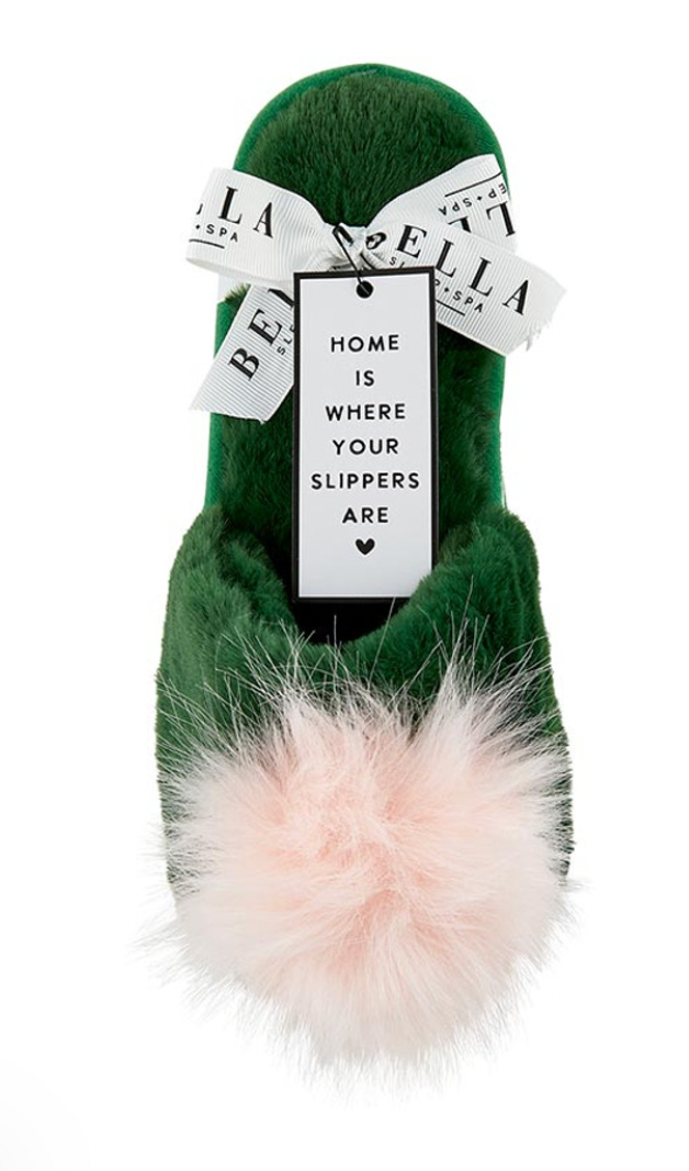 Plush Slippers - Green with Blush Pom Pom