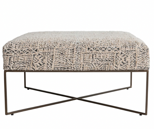 Metal & Woven Damask Upholstered Ottoman, Antique Brass Finish