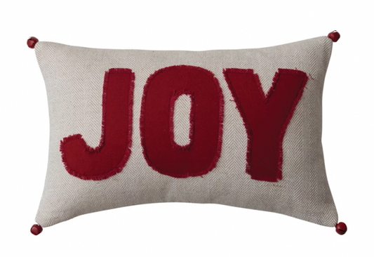 16"L x 10"H Woven Cotton Lumbar Pillow w/ Appliqued "Joy" & Jingle Bells