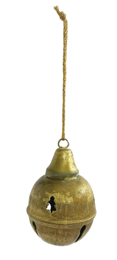 Metal Bell Ornament w/ Tree Cut-Outs, Distressed Gold Finish