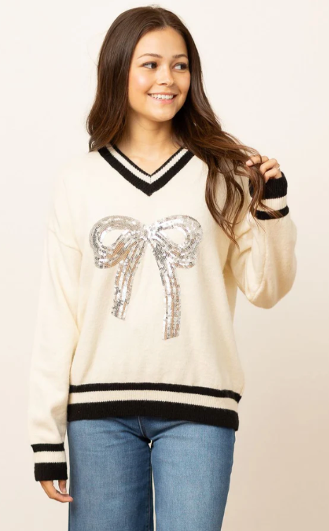 Silver Sequin Bow on Cream Varsity Sweater