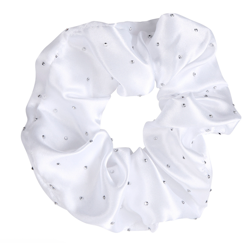 Large Diamond Ornament Satin Rhinestone Scrunchie - White