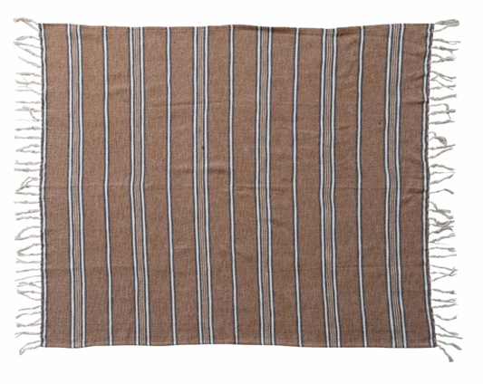 Cotton Blend Throw with Stripes & Fringe
