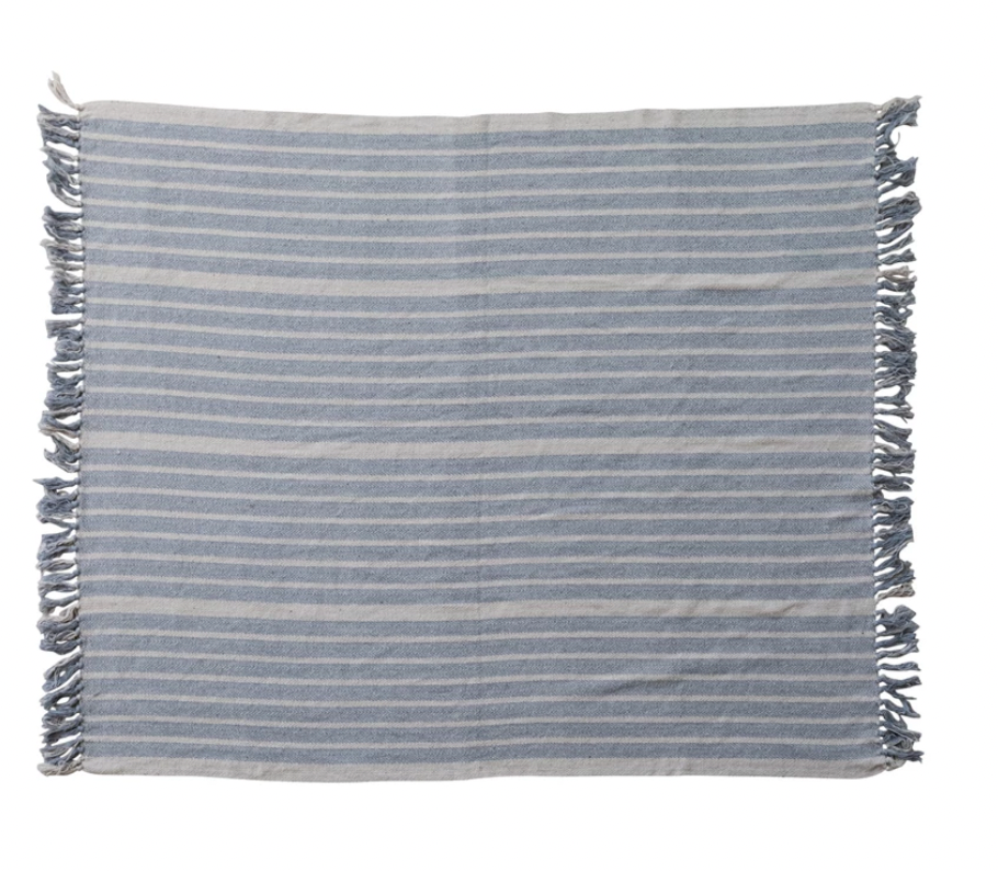 Woven Recycled Cotton Blend Throw with Stripes & Fringe
