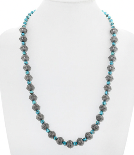 Navajo Turquoise Hammered Silver Bead Necklace Pawn Style Pattern 0751