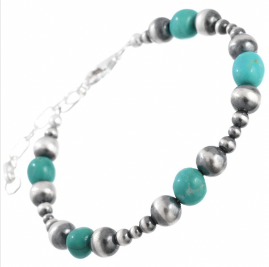 Navajo Silver Desert Pearl Beaded Turquoise Tennis Bracelet by Lula Begay 1846