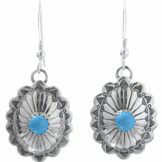 Navajo Turquoise Silver Concho Earrings Sterling French Hook Dangle 0168