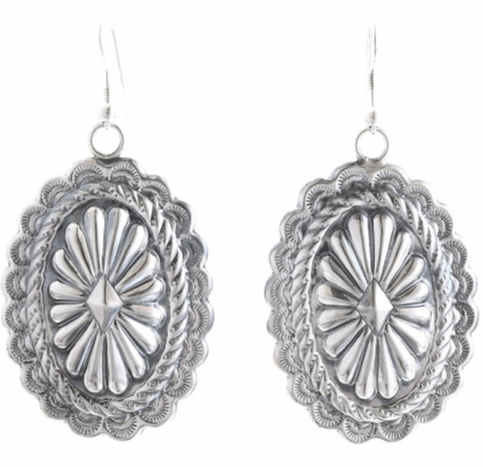 Navajo Silver Concho Dangle Earrings Sterling French Hook Design 0196