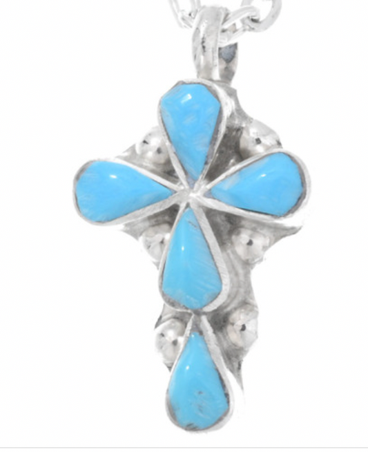 Sterling Native American Zuni Cross Turquoise Pendant by Pino Yunie 0169