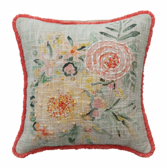 Cotton Slub Pillow with Flowers, Embroidery & Eyelash Fringe