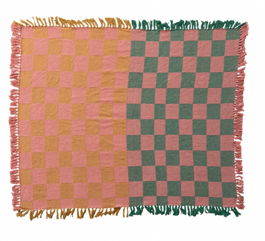 Woven Recycled Cotton Blend Two-Tone Checked Throw with Fringe