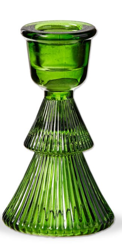 GLASS RIBBED TREE TAPER HOLDER SM GREEN