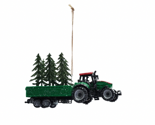 Plastic Tractor Ornament with Glitter Trees, Green