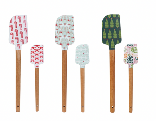Silicone & Wood Spatulas w/ Holiday Pattern, 6 Styles, Set of 2 Sizes