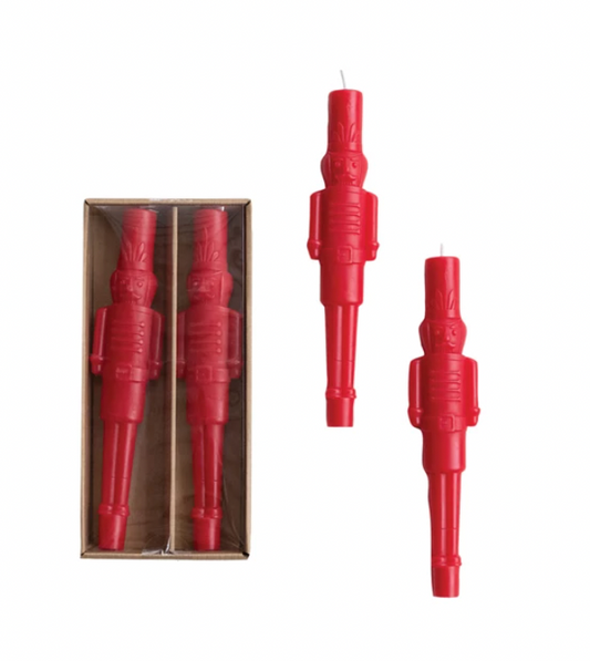 Unscented Nutcracker Shaped Taper Candles in Box, Red, Set of 2