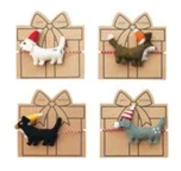 Handmade Wool Felt Dog with Hat Gift Topper & 40"L Yarn Wrap, 4 Styles