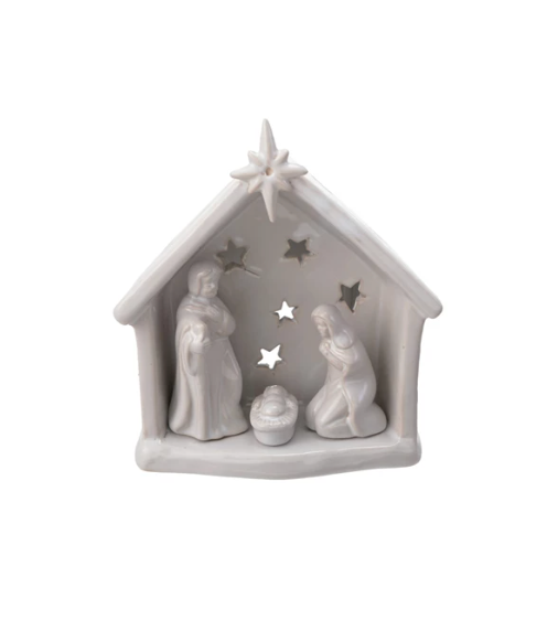 Stoneware Holy Family Tealight Holder with Star Cut-Outs, White
