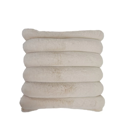 18" Square Faux Fur Pillow with Channel Stitch & Velvet Back, Cream Color