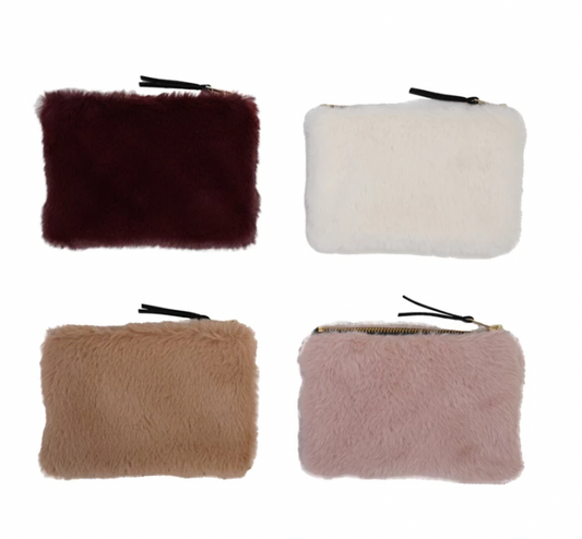 Faux Fur Fabric Zip Pouch with Interior Lining, 4 Colors
