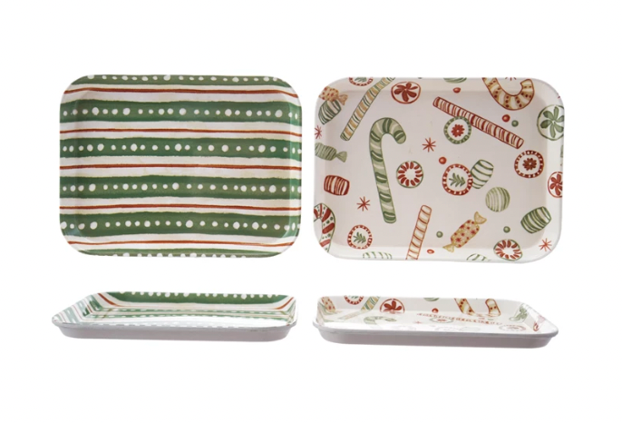10"L x 7-1/2"W Bamboo Fiber Tray with Holiday Pattern, 2 Styles ©