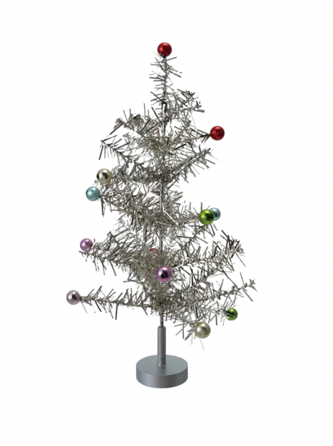 Tinsel Tree with Multi Color Ball Ornaments, Silver Finish
