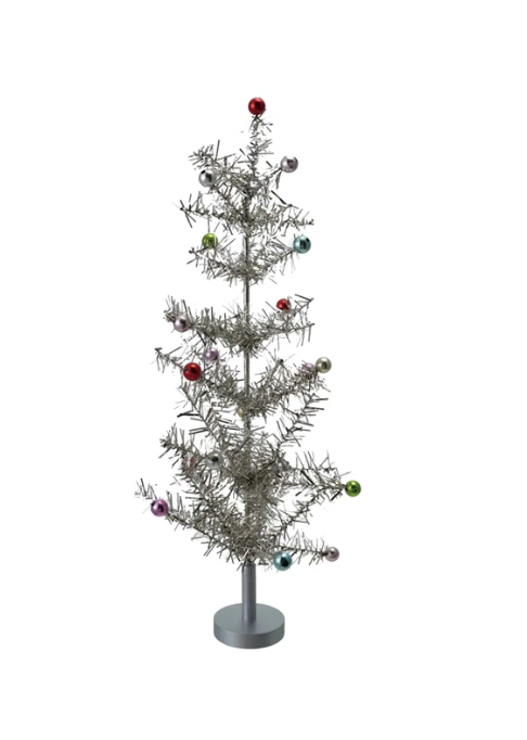 Tinsel Tree with Multi Color Ball Ornaments, Silver Finish
