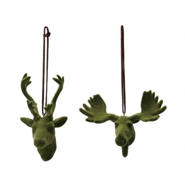 3-1/2"H - 4"H Flocked Resin Deer/Moose Ornament, Green, 2 Styles