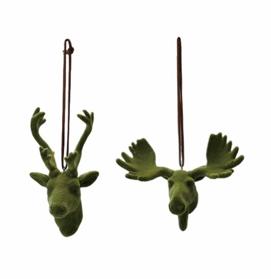 3-1/2"H - 4"H Flocked Resin Deer/Moose Ornament, Green, 2 Styles