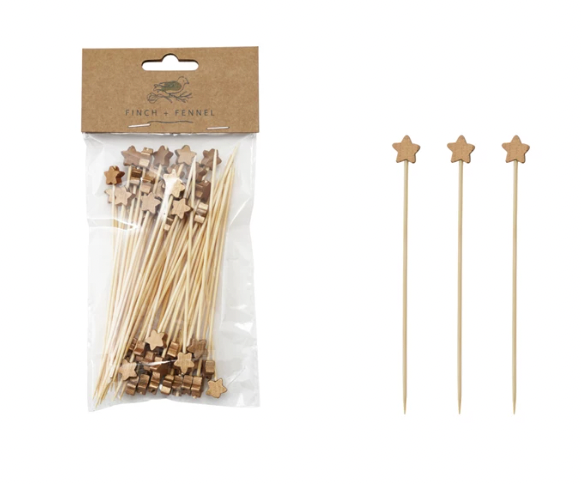 Bamboo Single Use Skewers with Star Shaped Handles, Set of 50