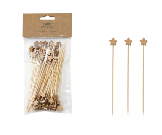 Bamboo Single Use Skewers with Star Shaped Handles, Set of 50
