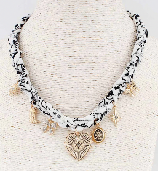 White and Black Braided Scarf Necklace with Heart, Bow, and Boot Charms
