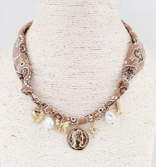 Brown Knotted Scarf Necklace with Coin, Bow, and Pearl Charms