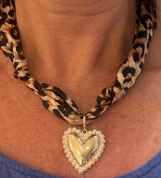 Cheetah Print Knotted Scarf Necklace with Pearl and Gold Heart Charm