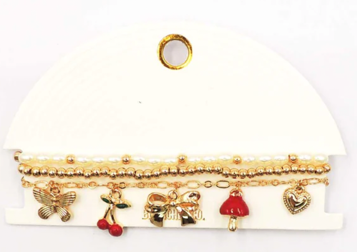 Bow, Cherry, Multi Charm Set of 3 Stretch Bracelets