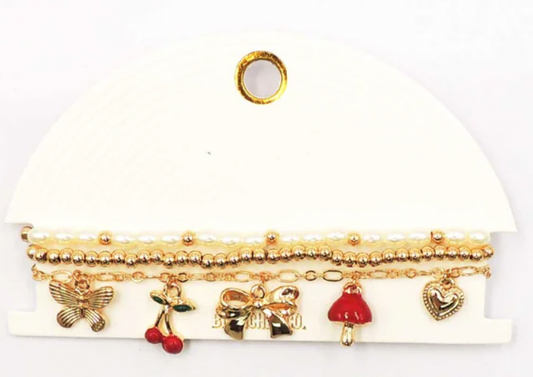 Bow, Cherry, Multi Charm Set of 3 Stretch Bracelets