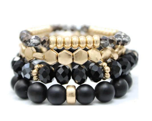 Set of 4 Black Natural Stone, Crystal, and Gold Nuggets Stretch Bracelet