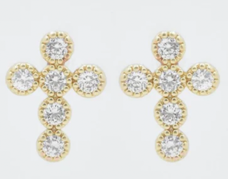 Gold with Crystal Studded Cross Stud .5" Earring