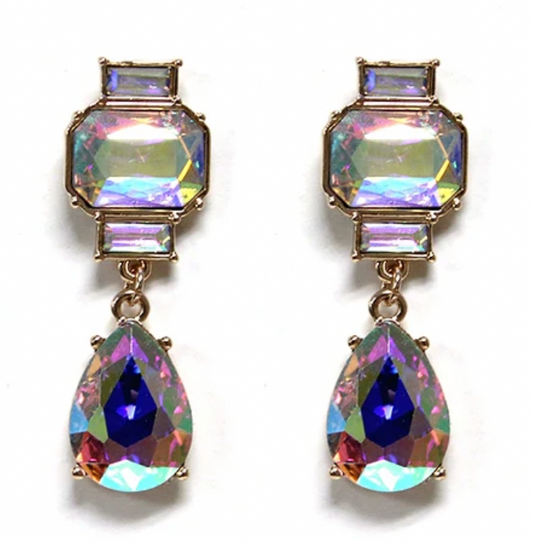 Gold with AB Crystal Geometric Stone Drop 2" Earring