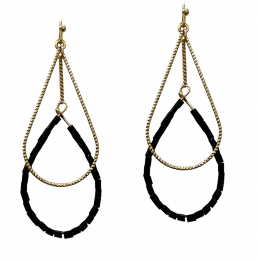 Gold Textured Open Teardrop and Black Beaded 2" Earring
