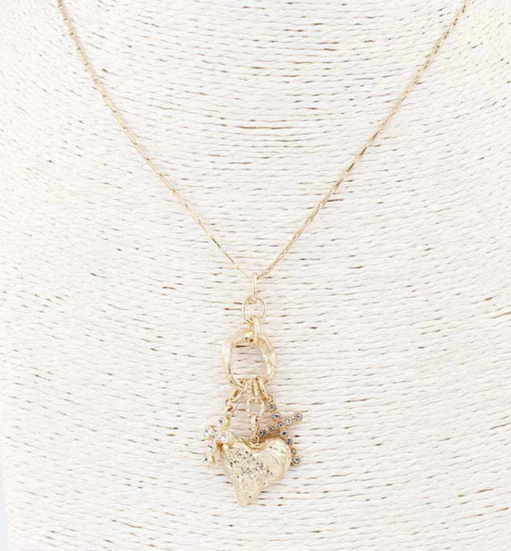 Gold Hammered Heart and Cross Charm 16"-18" Necklace