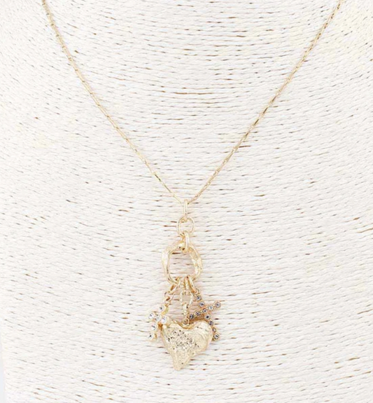 Gold Hammered Heart and Cross Charm 16"-18" Necklace