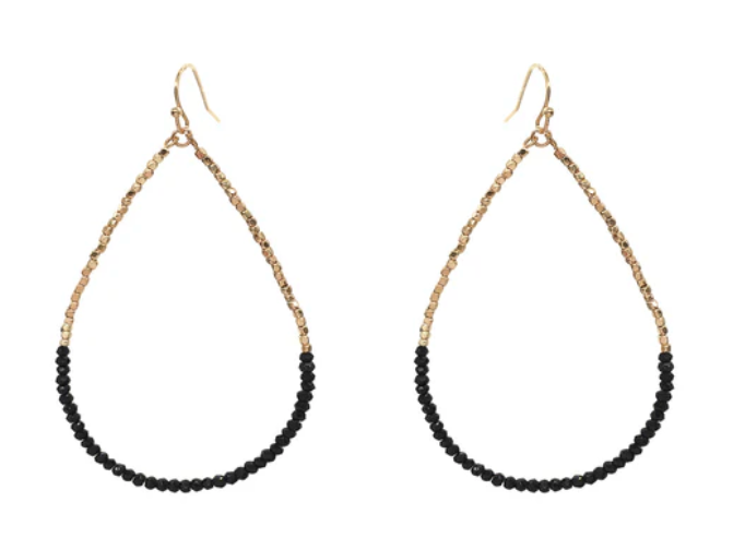 Gold Beaded with Black Crystal 2" Teardrop Earring