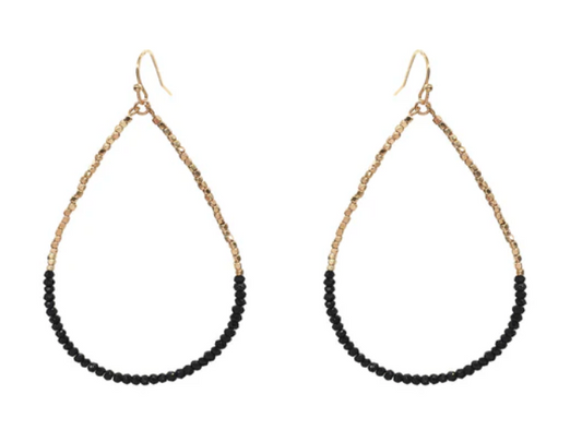 Gold Beaded with Black Crystal 2" Teardrop Earring
