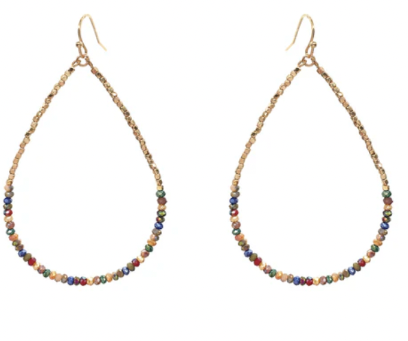 Gold Beaded with Multi Crystal 2" Teardrop Earring