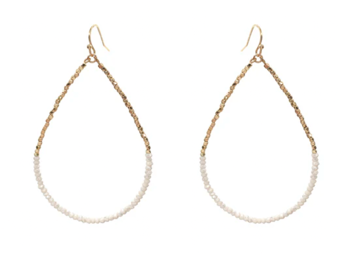 Gold Beaded with Natural Crystal 2" Teardrop Earring