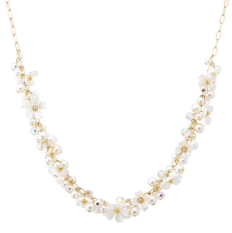 Pearl, Flower, and Crystals on Gold Chain 16"-18" Necklace